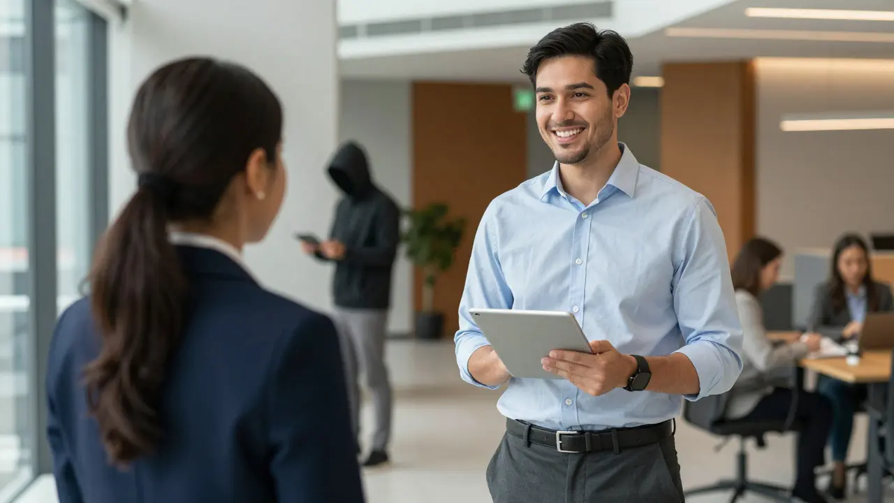 Gut gekleideter Angreifer nutzt Social Engineering im Büro, um Vertrauen zu erwecken.