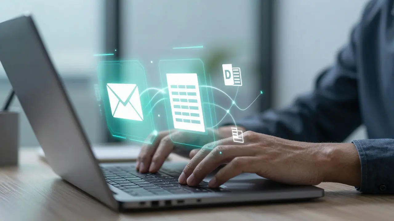 Hände tippen auf Laptop, umgeben von schwebenden E-Mail- und Excel-Symbolen