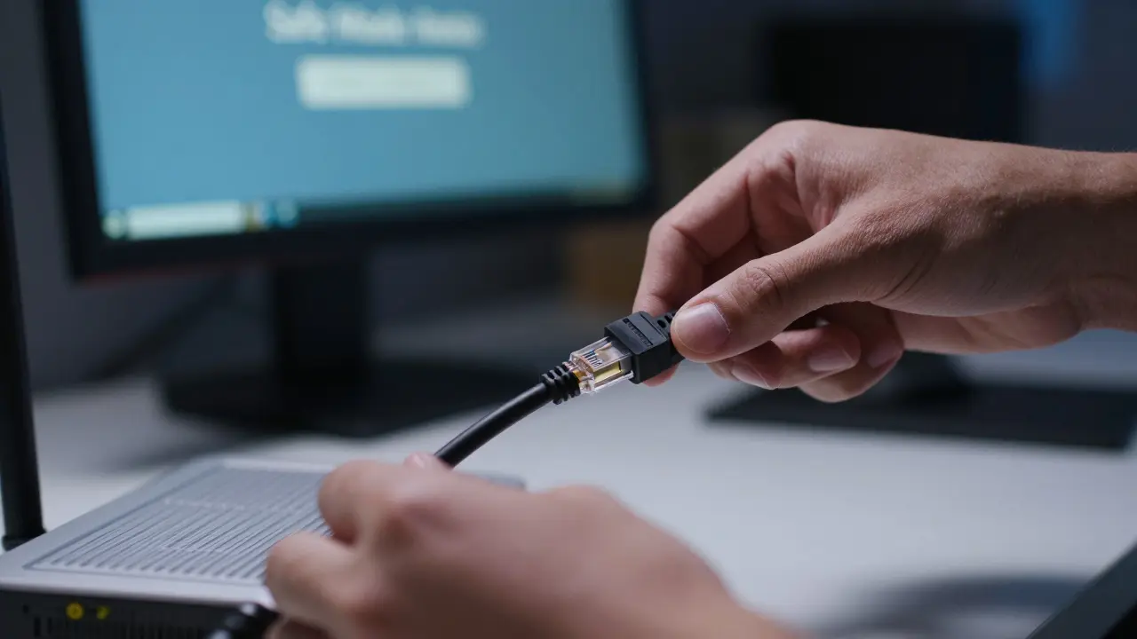 Hände ziehen ein Ethernet-Kabel aus dem Router als Sofortmaßnahme bei Hackerangriff