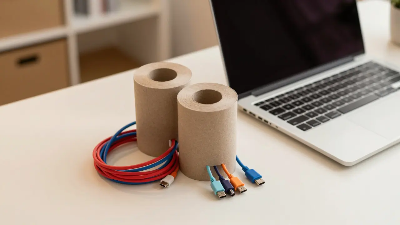Kabel ordentlich um Toilettenpapierrollen gewickelt auf einem Schreibtisch