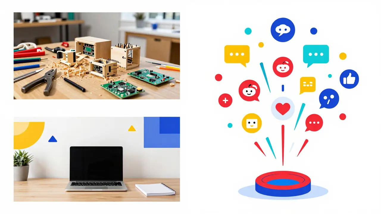 Kollage aus DIY-Werkstatt, Tech-Analyse und Community-Interaktion