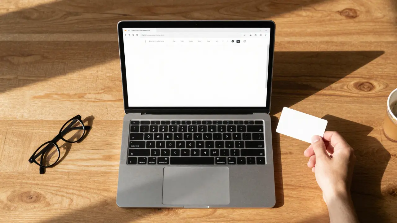 Laptop im Vollbildmodus auf einem Schreibtisch mit Hand und Brille