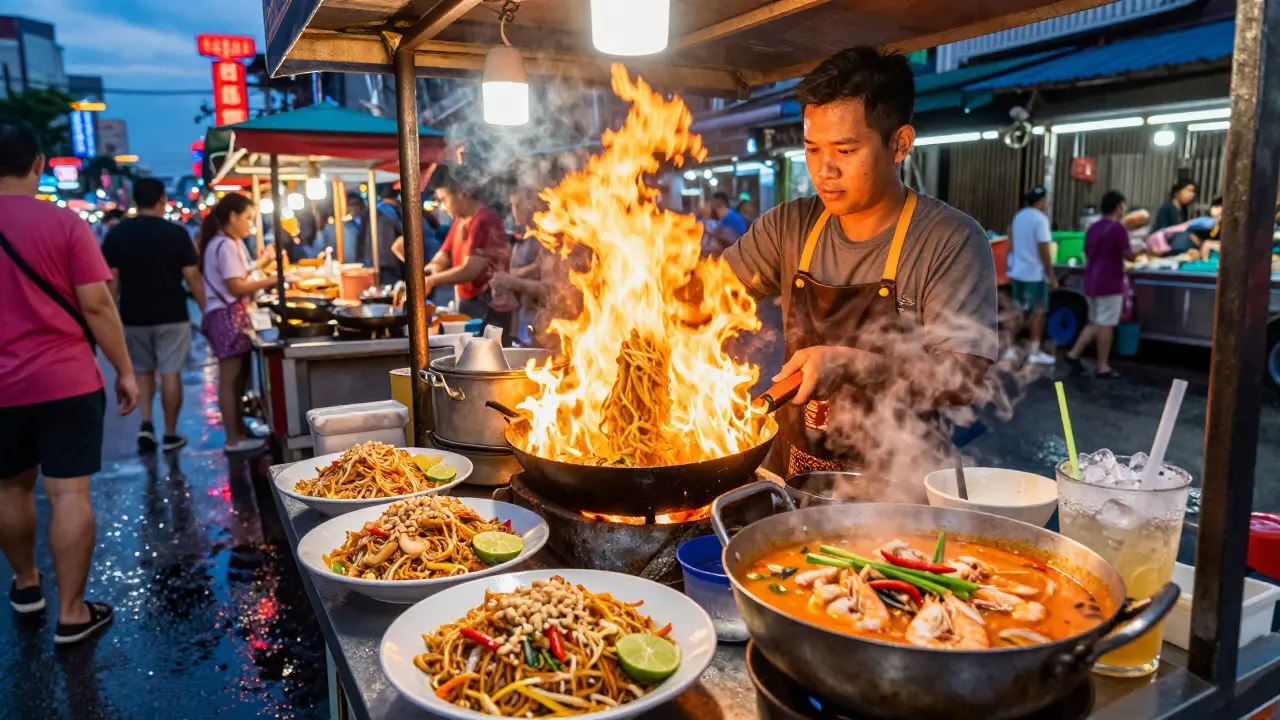 Lebhafte thailändische Straßenszene mit Pad Thai und Tom Yum Suppe am Wok.