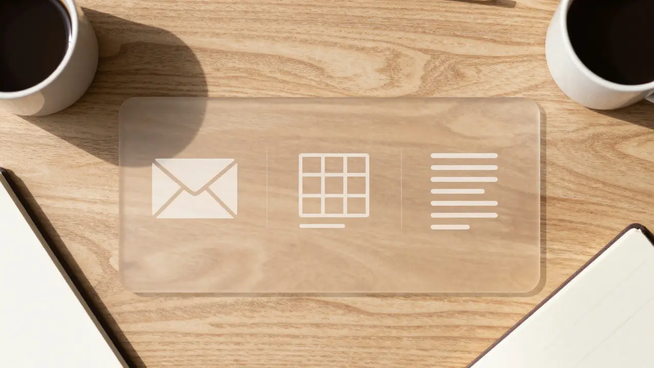 Minimalistisches Schreibtisch-Layout mit Symbolen für Mail, Tabelle und Text