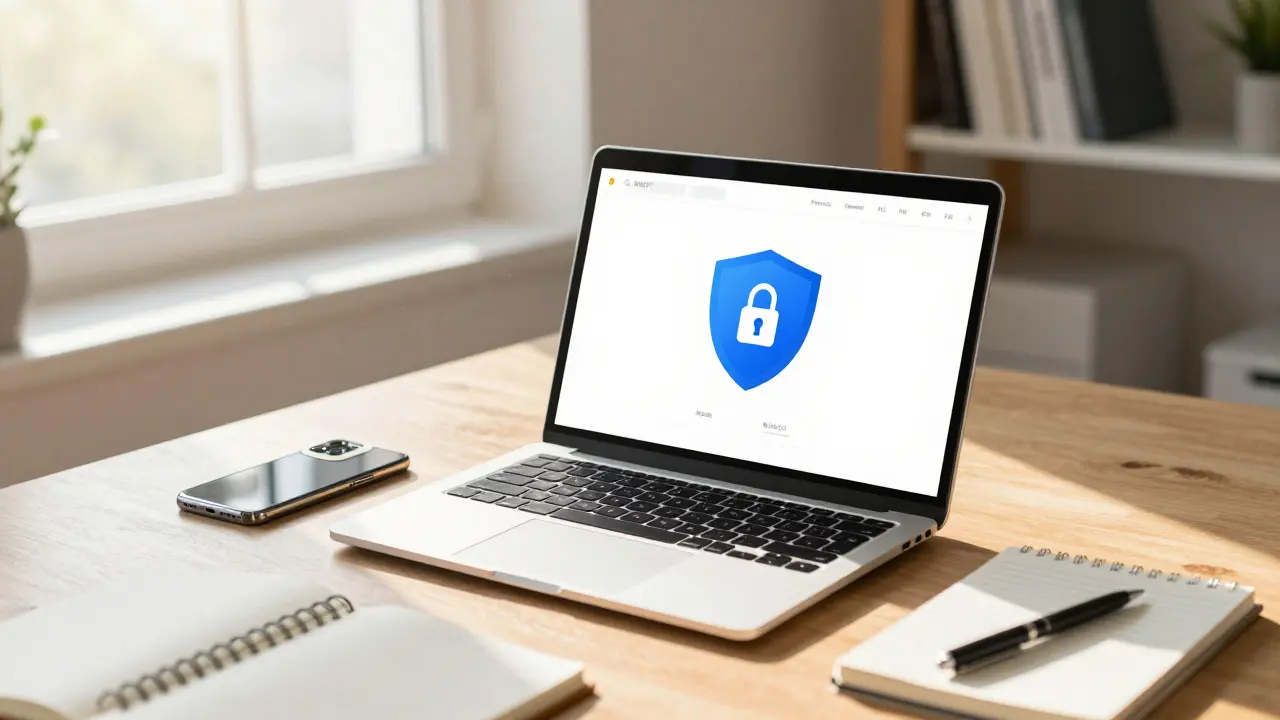 Ordentlicher Schreibtisch mit Laptop-Schutzsymbol und Handy mit Webcam-Abdeckung