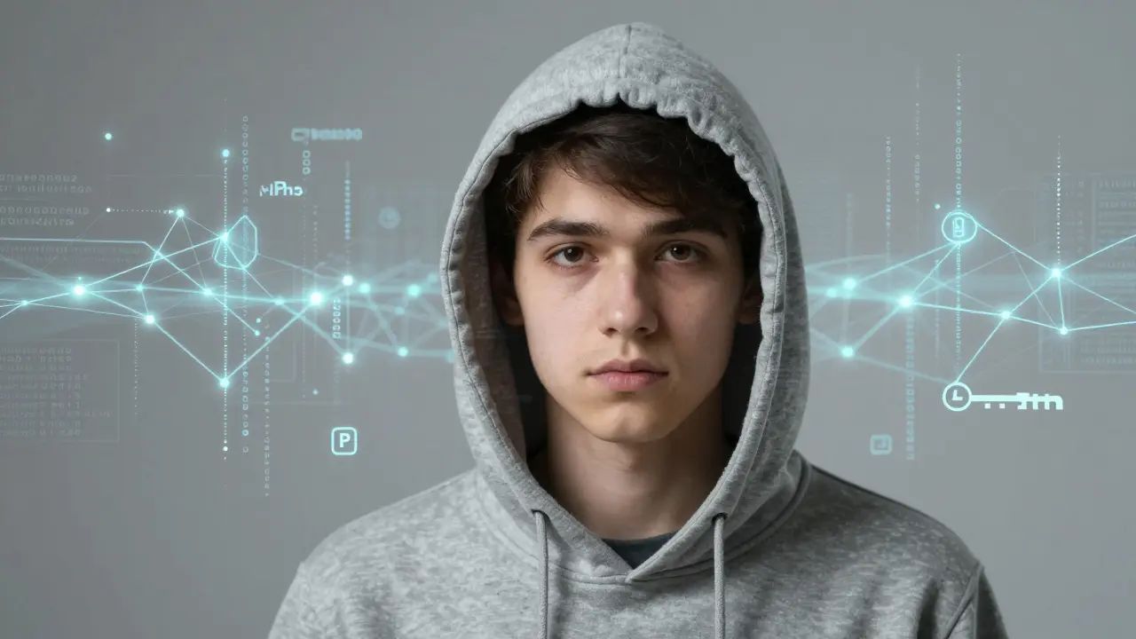 Person im Hoodie mit schwebenden digitalen Netzwerkdaten, die technische Anonymität symbolisieren.