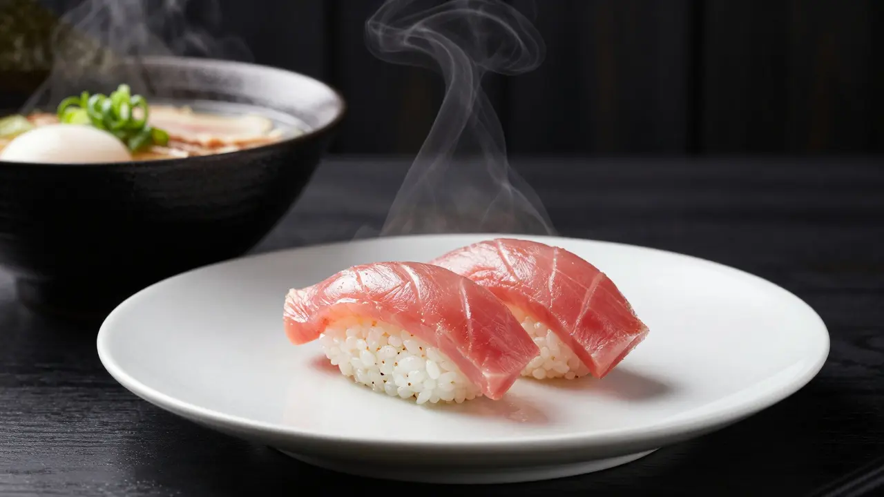 Präzise arrangierte Nigiri-Sushi und dampfende Ramen-Suppe im japanischen Stil.