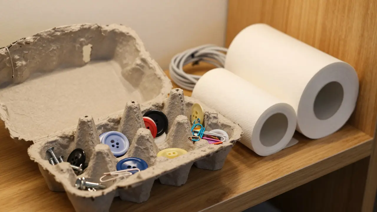 Recycelte Eierkartons und Toilettenpapierrollen als Organizer für kleine Gegenstände