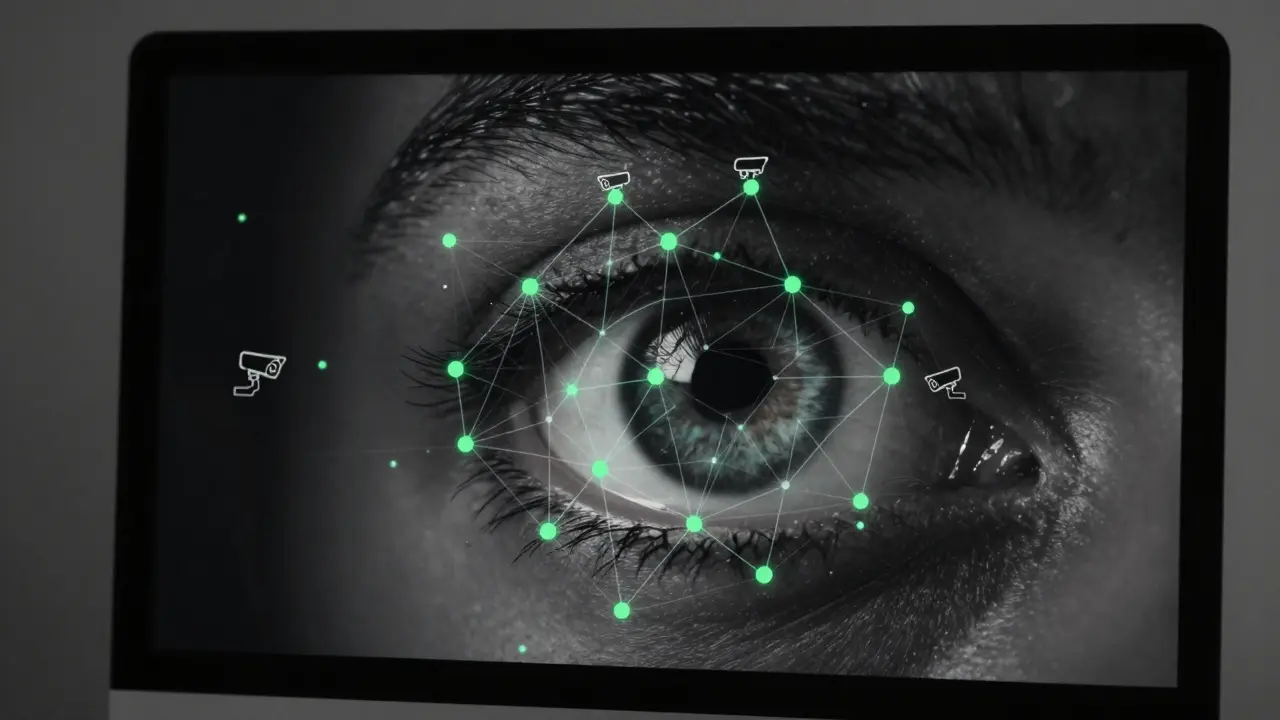 Reflexion eines Auges im Monitor, umgeben von einem Netzwerk von Überwachungssymbolen