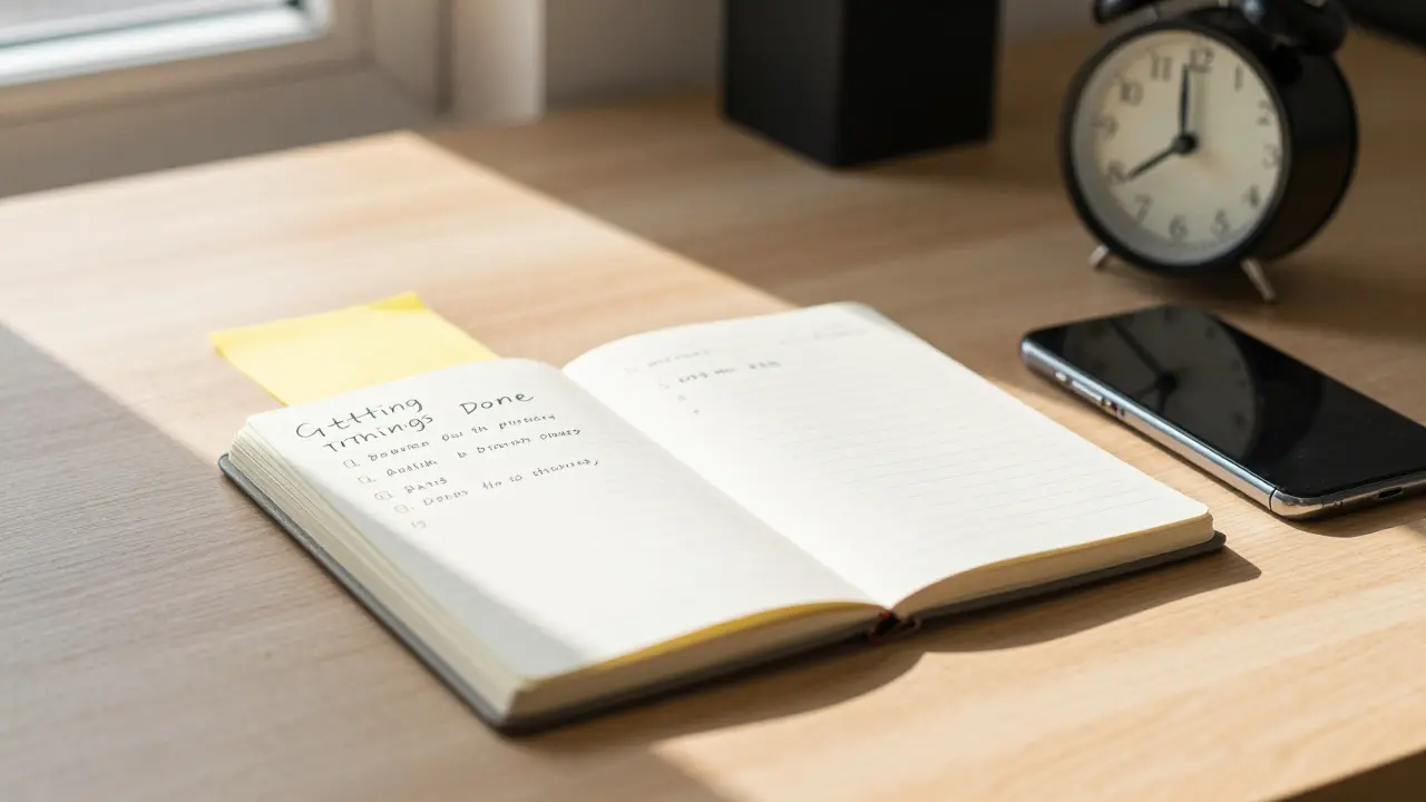 Tidy desk with notebook, analog clock, and face-down phone for focus