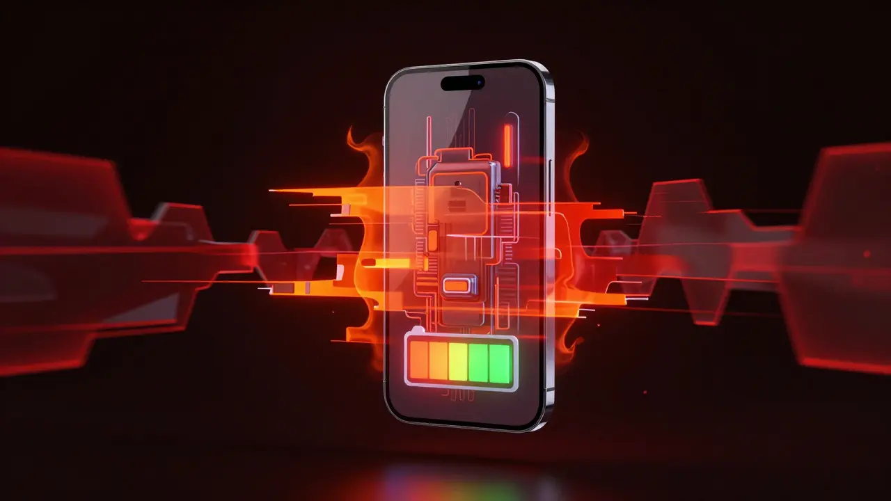 Transparentes Handy mit roten Datenströmen, die Spyware und Überhitzung symbolisieren