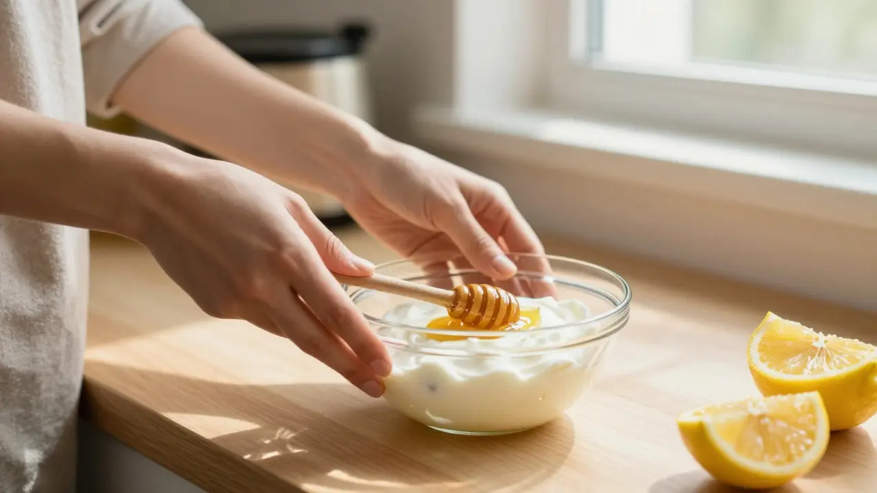 Zubereitung einer Joghurt-Honig-Glasur in einer Gläsern Schüssel