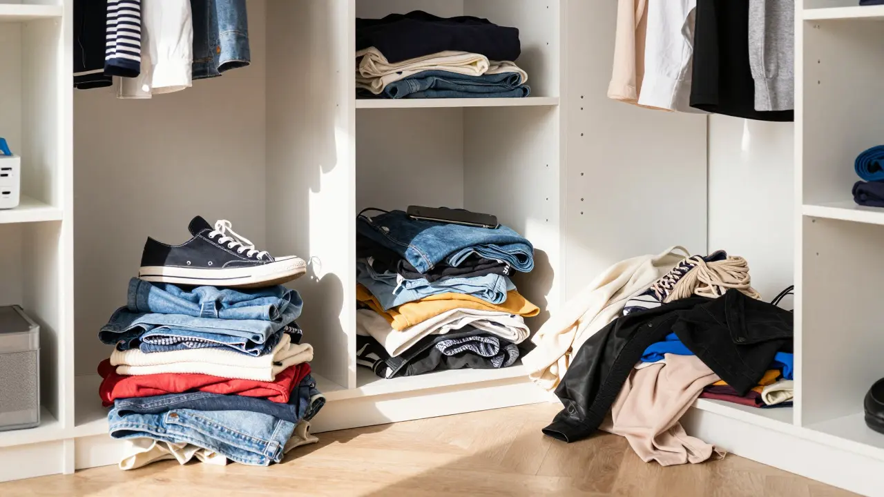 Aufräumen im Kleiderschrank zum Verkaufen ungenutzter Gegenstände