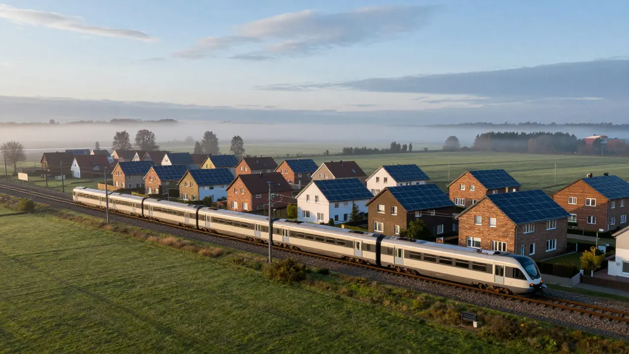 Friedliche Vorstadtlandschaft mit neuen Häusern und vorbeifahrendem Zug.