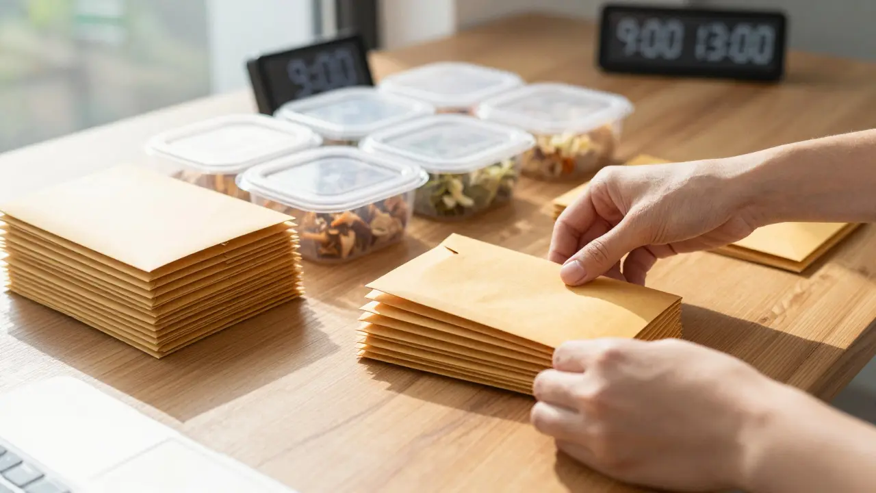 Hands organizing emails and meals for batch processing