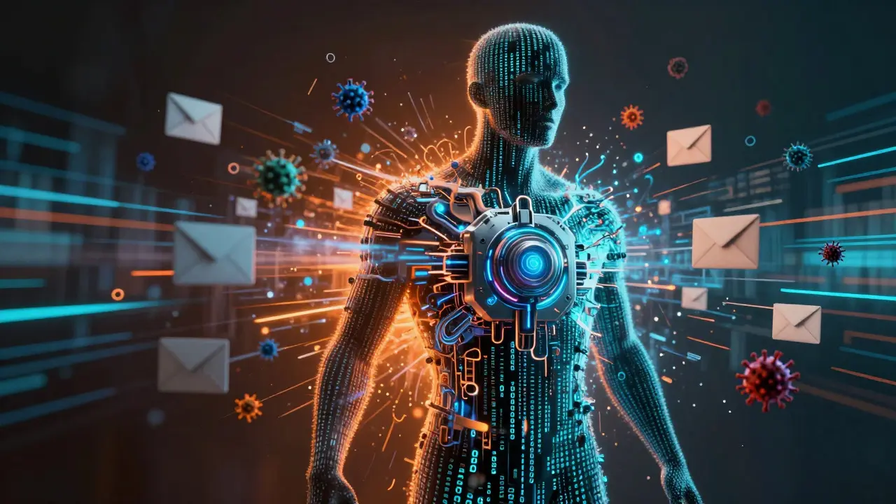 KI und menschliche Silhouette im digitalen Cyberraum