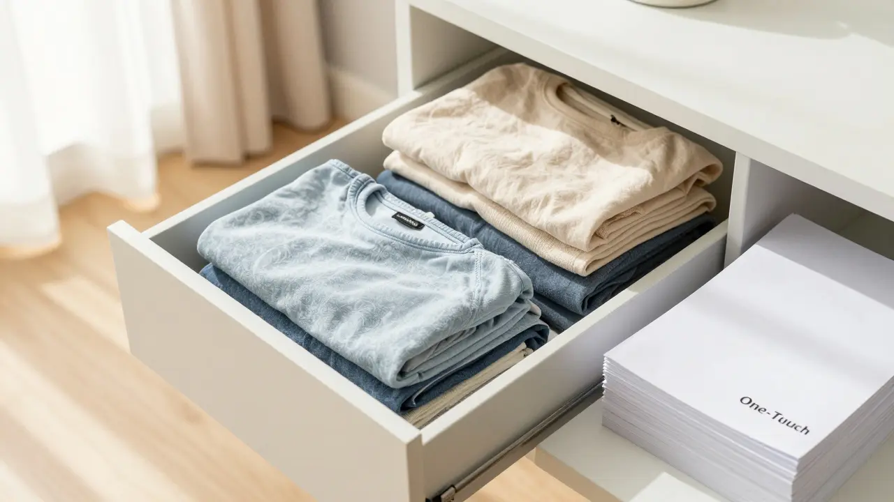 Ordnung im Schrank: Vertikal gefaltete Kleidung und sauberer Schreibtisch