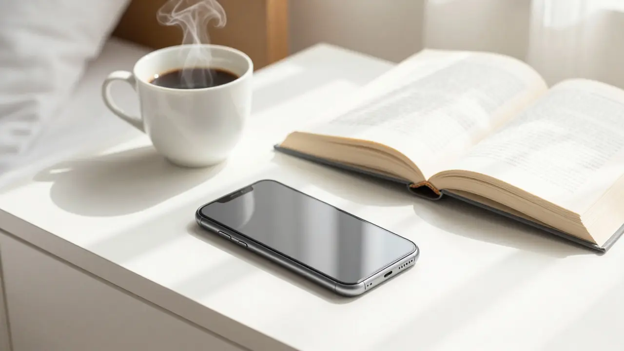 Peaceful morning with phone off and book nearby