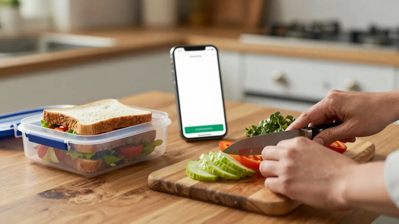 Selbstgemachtes Mittagessen und frische Zutaten auf der Küchenarbeitsplatte