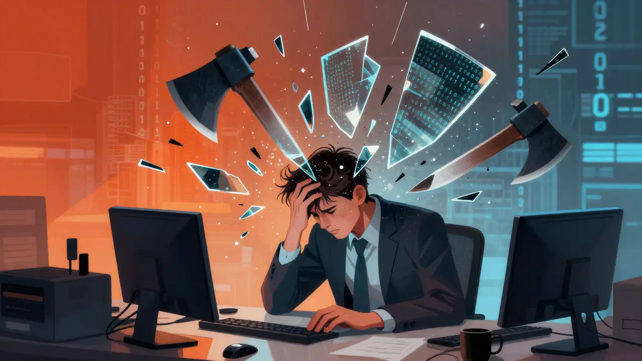 Überforderter Büroarbeiter, umgeben von scharfen digitalen Fragmenten als Stressmetapher.