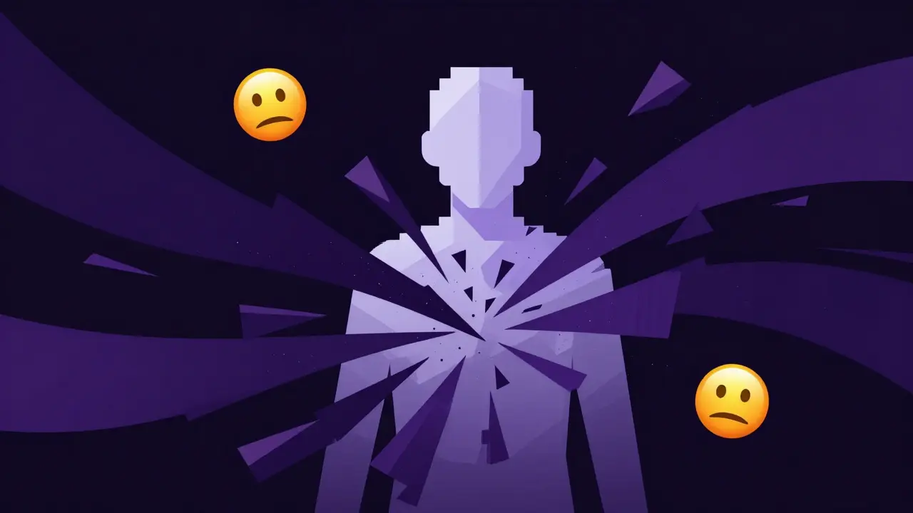Zersplitterte Silhouette, die von Datenströmen angegriffen wird, Symbol für Cybermobbing.