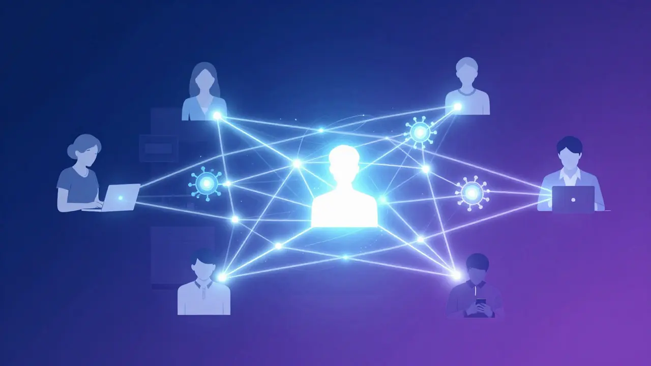 Abstrakte Darstellung vernetzter Menschen, die Wissen und Tipps im digitalen Raum teilen