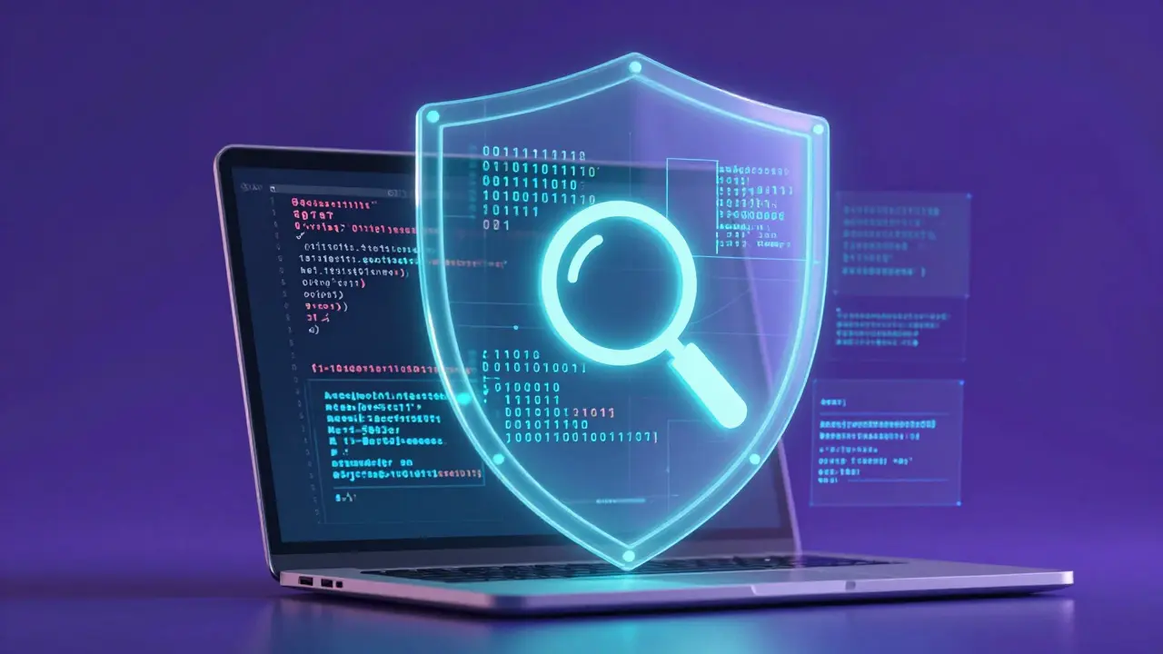 Abstrakte Darstellung von Code-Sicherheit und Transparenz beim Debuggen