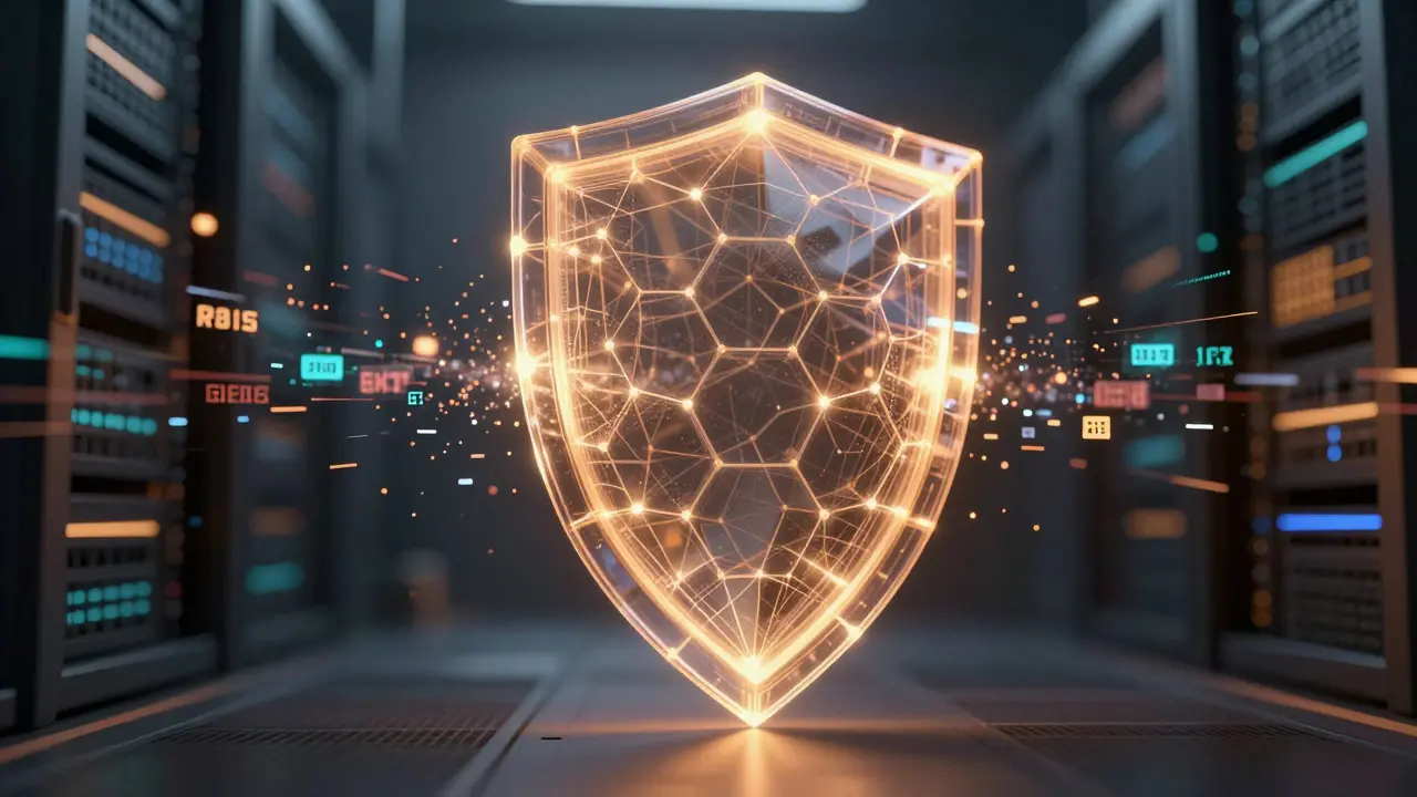 Abstrakter digitaler Schild gegen Cyberangriffe und Datenströme
