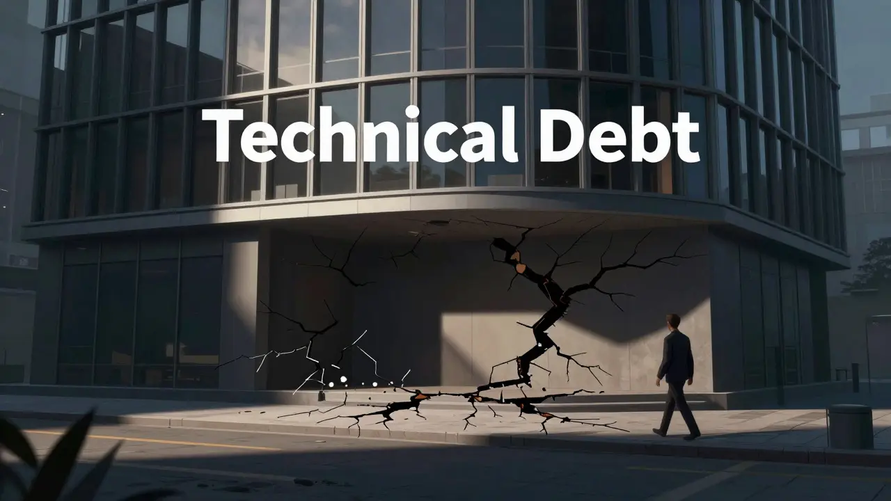 Building facade hiding structural cracks representing hidden risks of shortcuts.