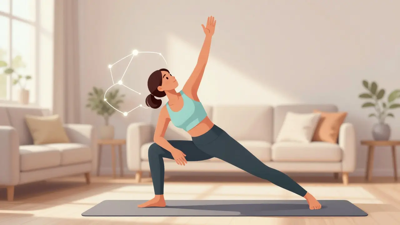 Frau bei Yoga oder Bewegung im sonnigen Wohnzimmer