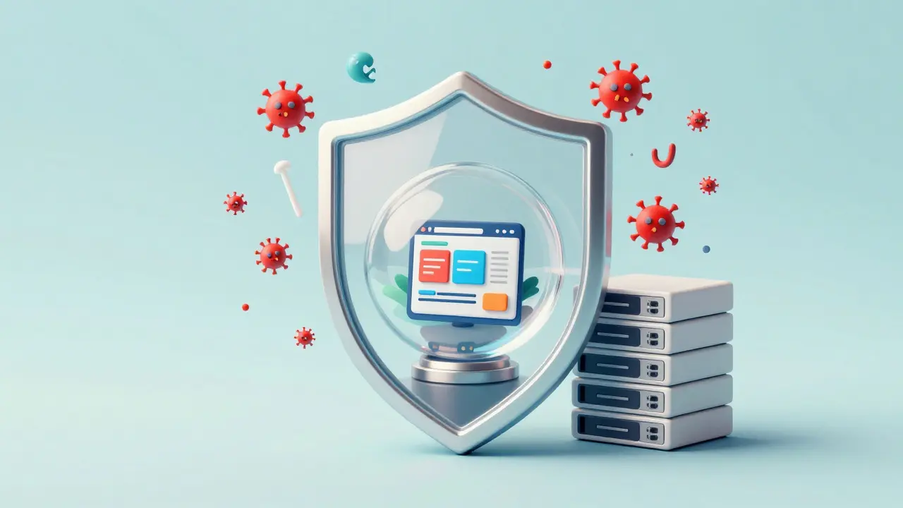 Geschützte Website-Kugel vor Malware-Sturm mit sicheren Backups