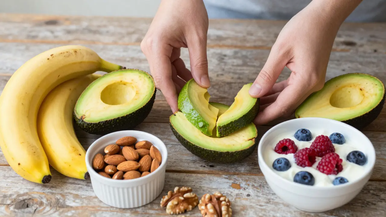 Gesundes Frühstück mit Avocado, Bananen und Nüssen auf Holztisch