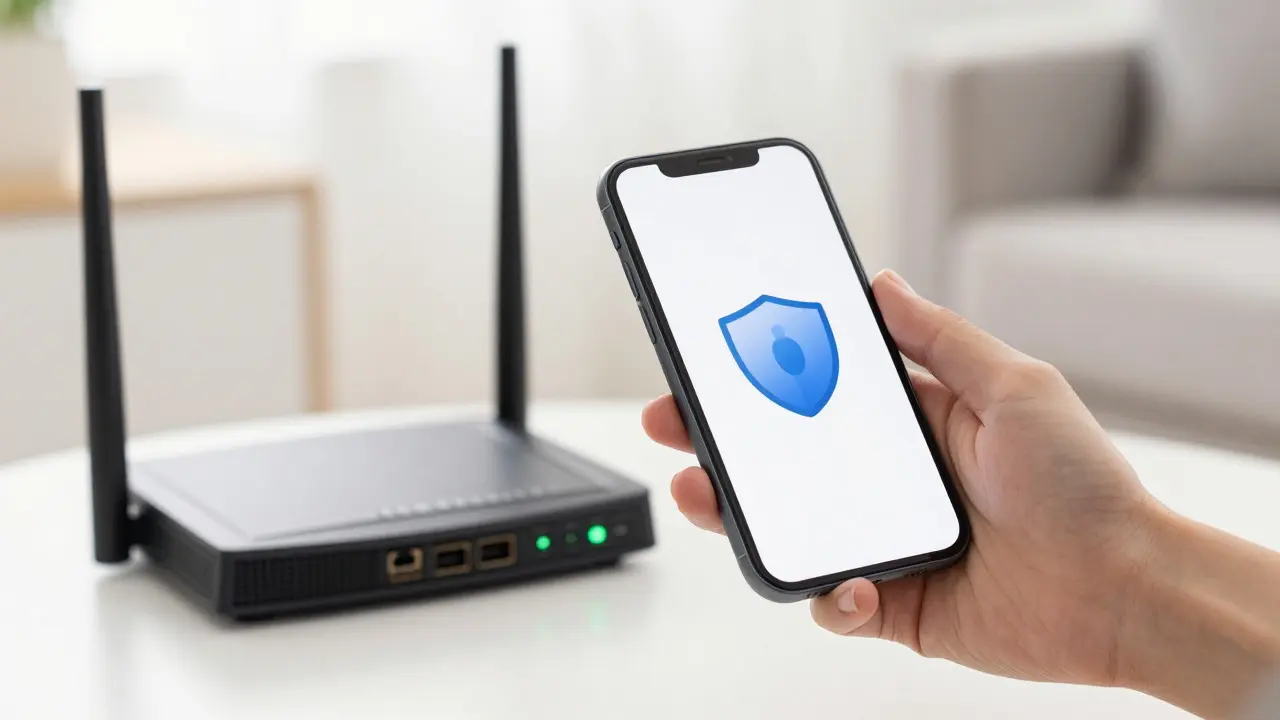 Hand mit Smartphone und sicherem Router im hellen Wohnzimmer