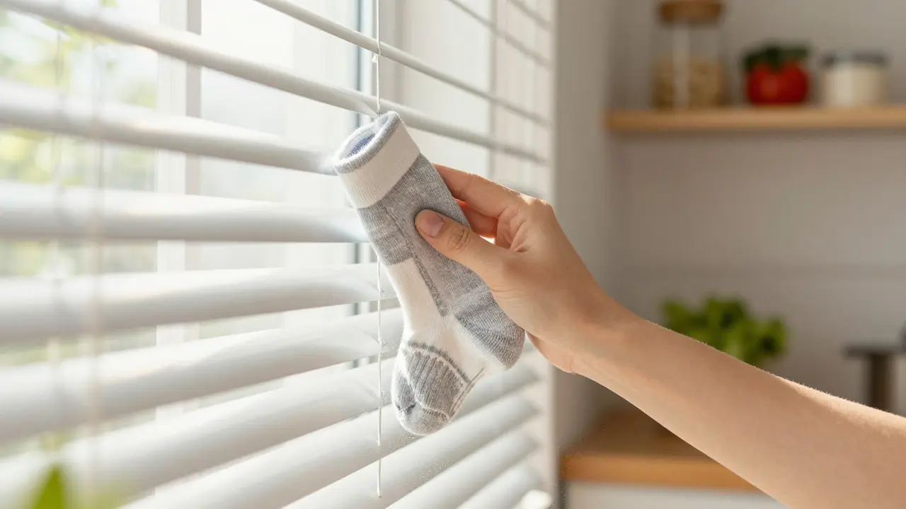 Hand putzt Jalousien mit einem Socken als Staubfänger im Sonnenlicht