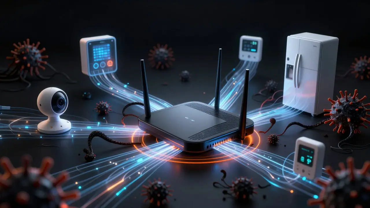 Konzeptionelle Darstellung eines gehackten Routers mit verbundenen IoT-Geräten