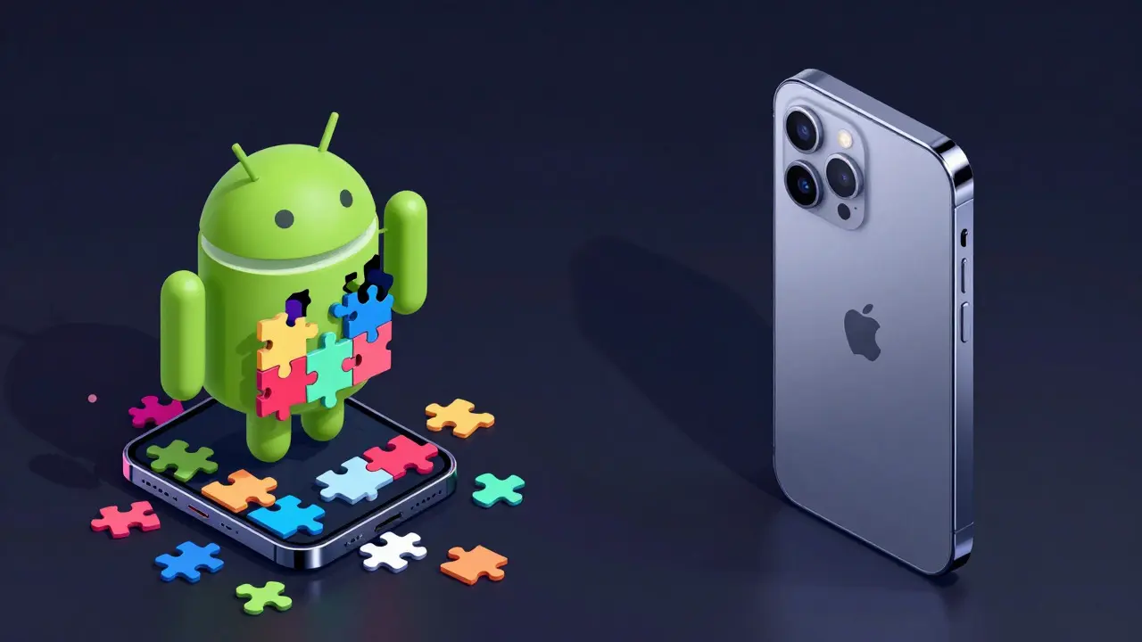 Konzeptkunst, die Sicherheitsunterschiede zwischen Android und iOS durch offene versus geschlossene Strukturen zeigt