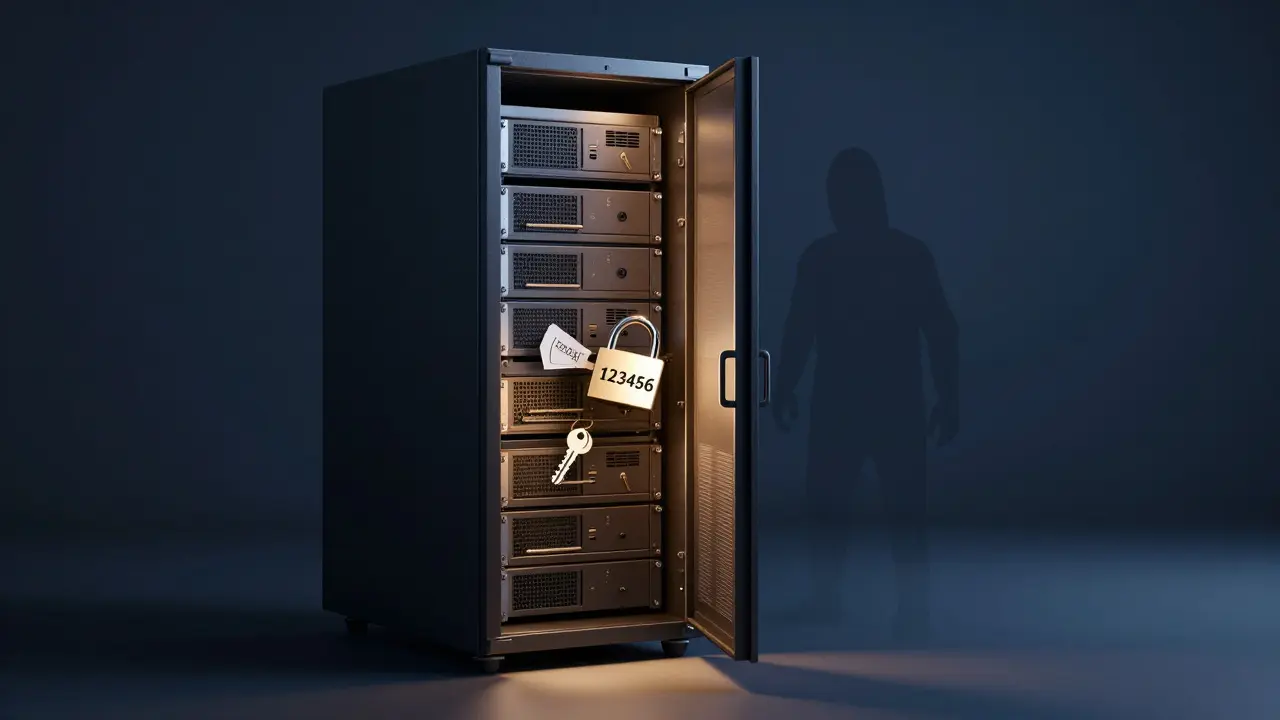 Offener Server mit schwachen Passwörtern und lauernder Hacker-Silhouette