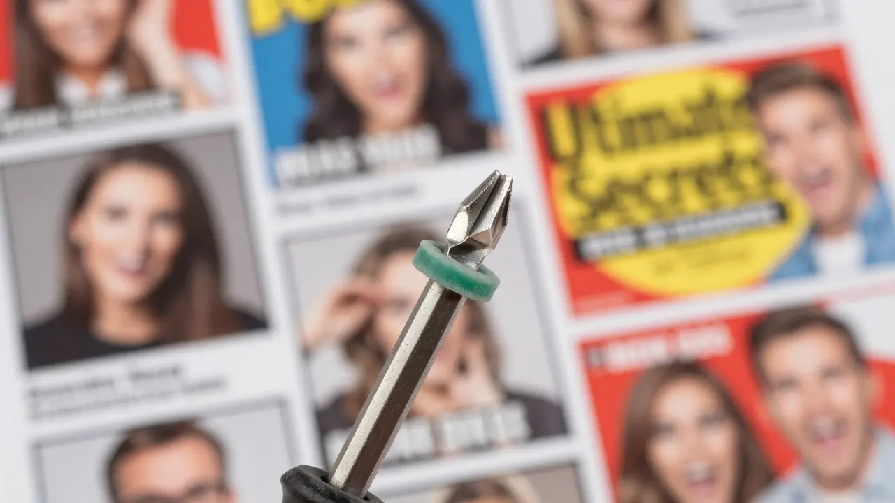 Praktischer Schraubendreher-Trick vor verschwommenem Marketing-Hintergrund