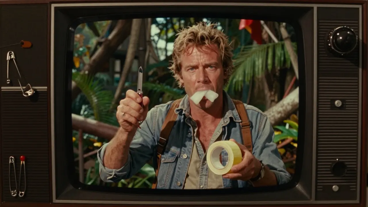 Retro-Fernseher zeigt MacGyver-ähnlichen Charakter mit Schweizer Taschenmesser und Klebeband