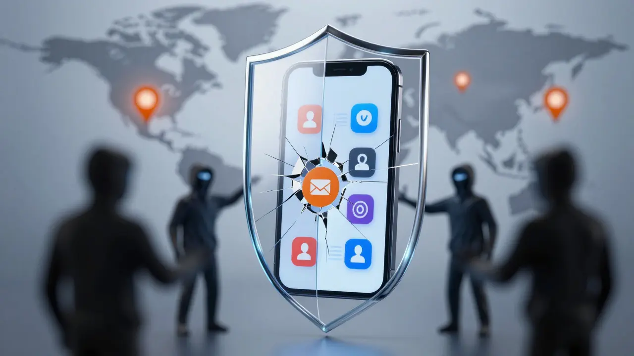Smartphone hinter zerbrochener Glasbarriere mit schattigen Hackerfiguren