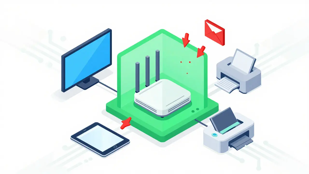 Wi-Fi-Router mit grünem Schutzschild gegen rote Phishing-Pfeile