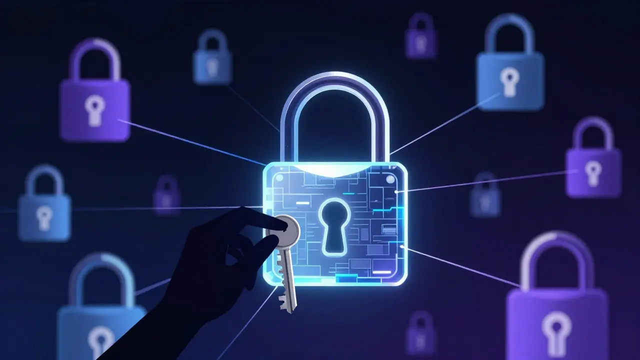 Abstract illustration of a key unlocking multiple digital locks