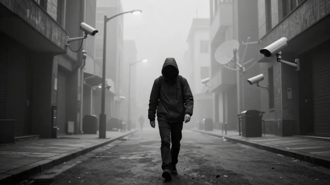 Anonymous figure walking in fog surrounded by surveillance imagery