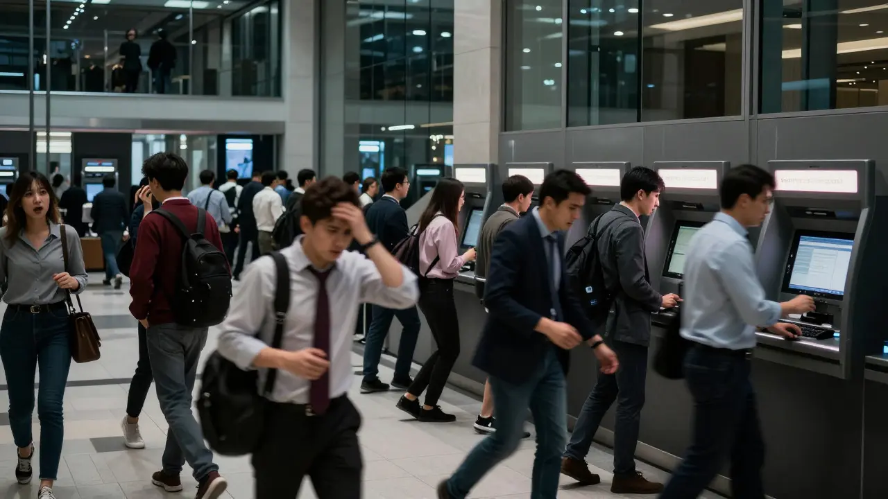 Anxious people rushing in a bank lobby