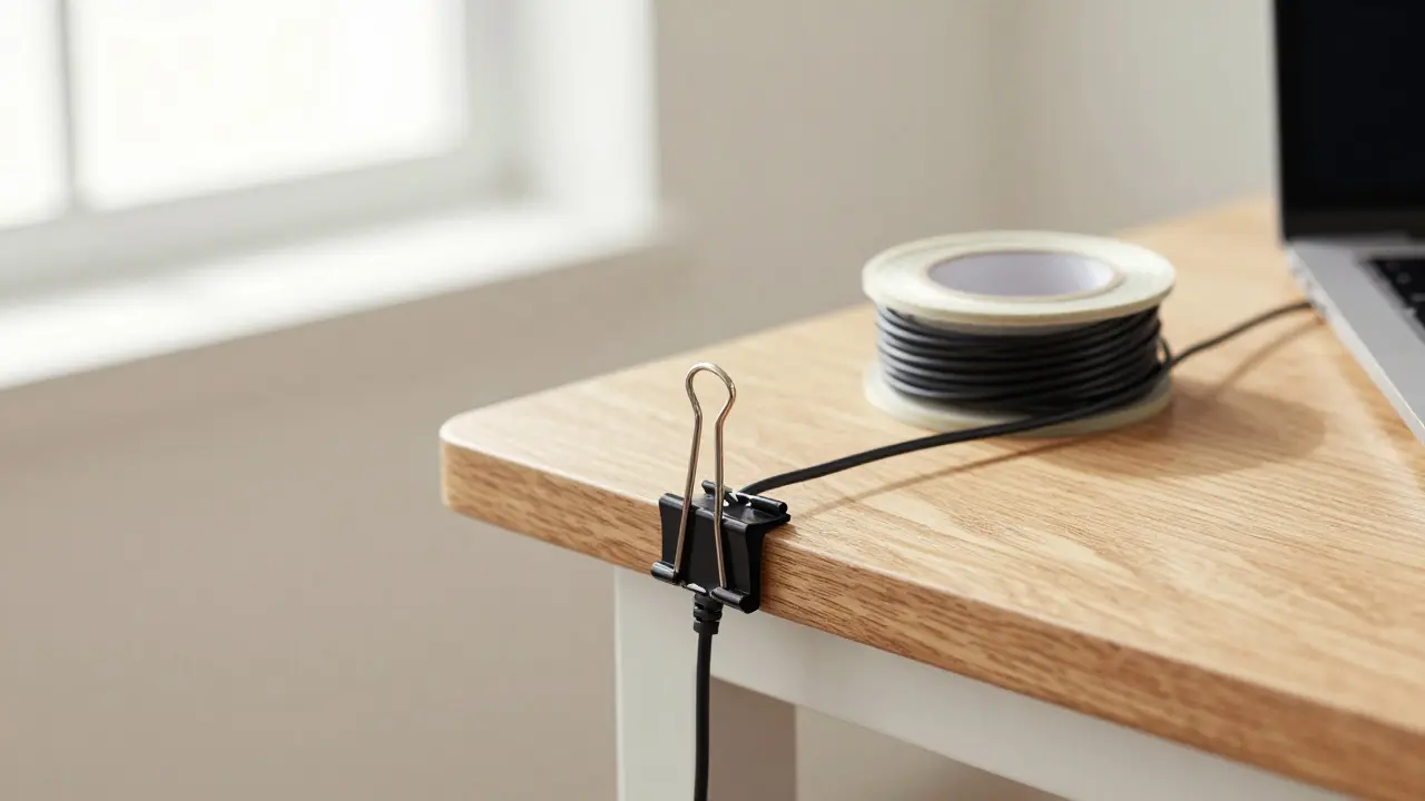 Bent paperclip holds charging cable on desk edge; tape roll organizes wires