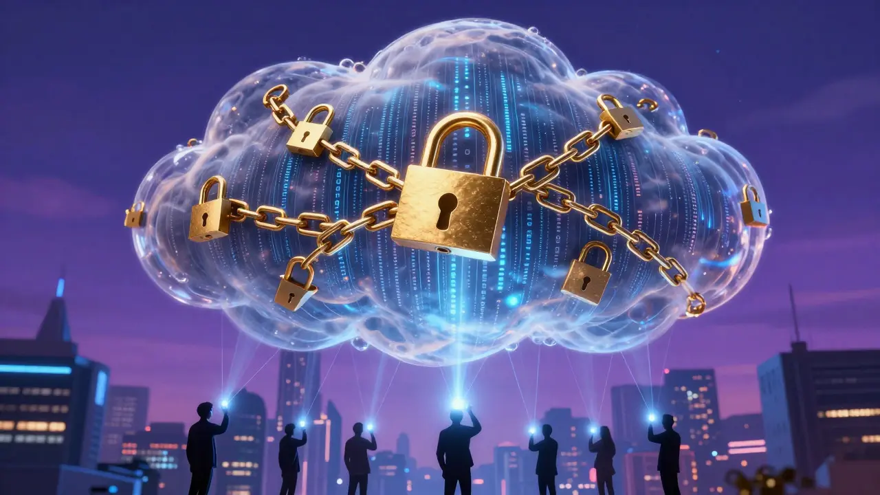 Futuristic illustration of a secure encrypted cloud network