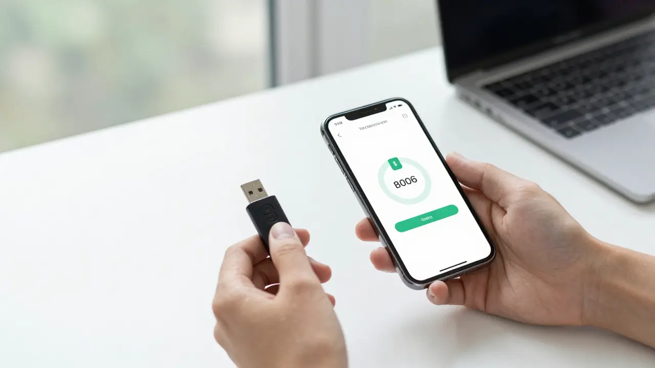 Hands holding a hardware security key next to a smartphone