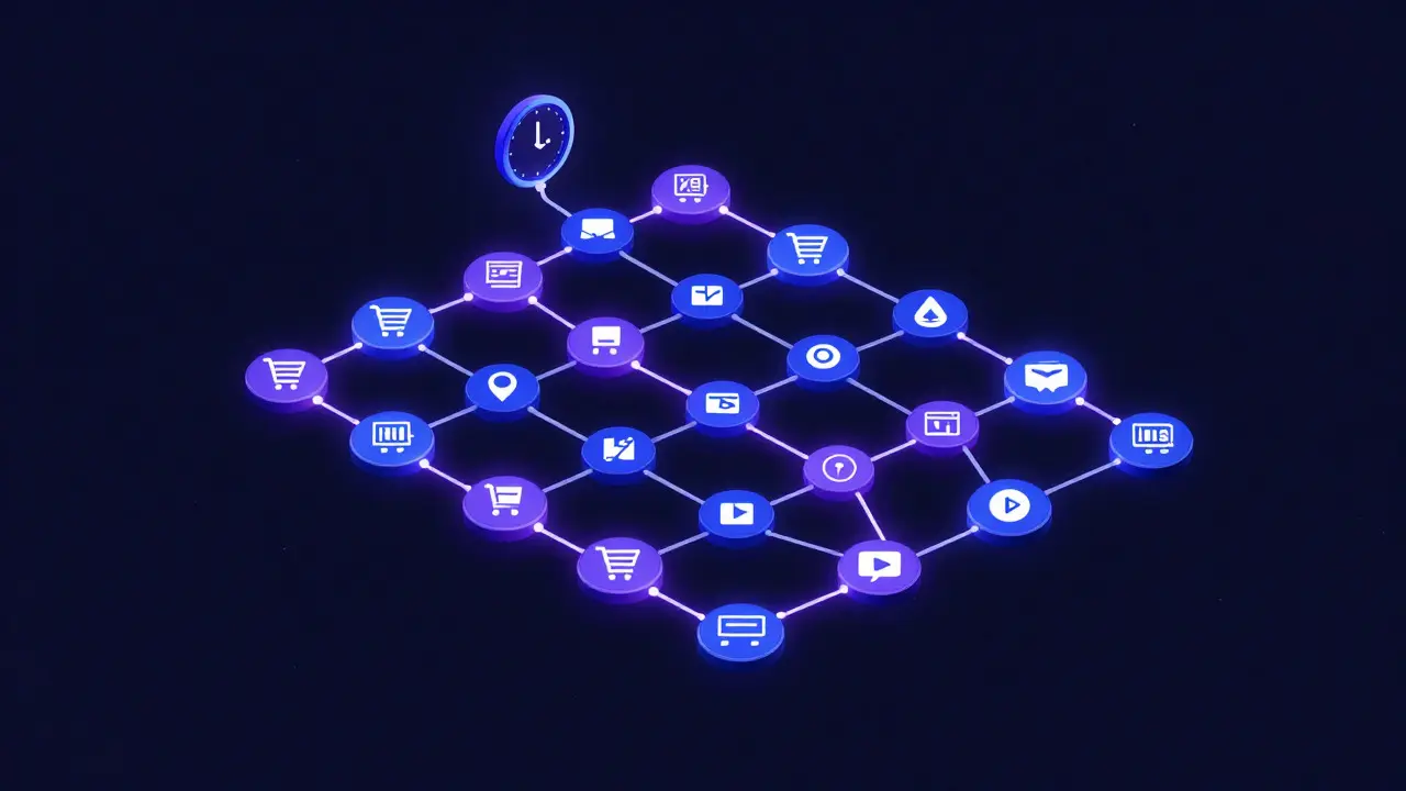 Isometrische Darstellung des Browserverlaufs als leuchtender Pfad aus Website-Icons