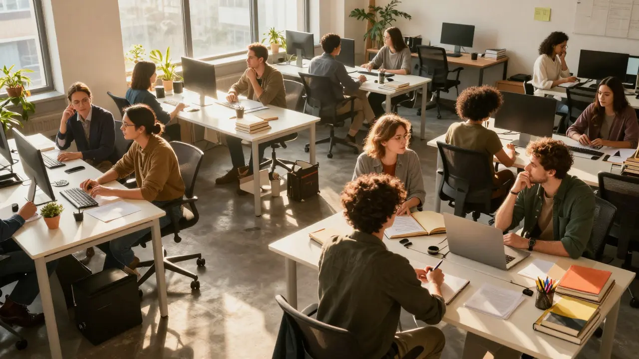 Kollaboratives Redaktionsteam in einem hellen, offenen Arbeitsumfeld