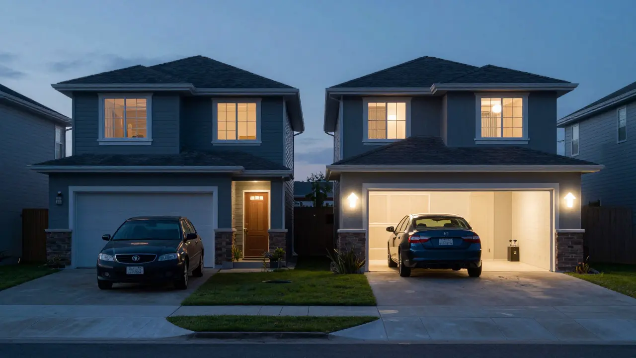 Konzeptionelle Darstellung: Haus mit Garage hat höheren Wert als Haus ohne Garage